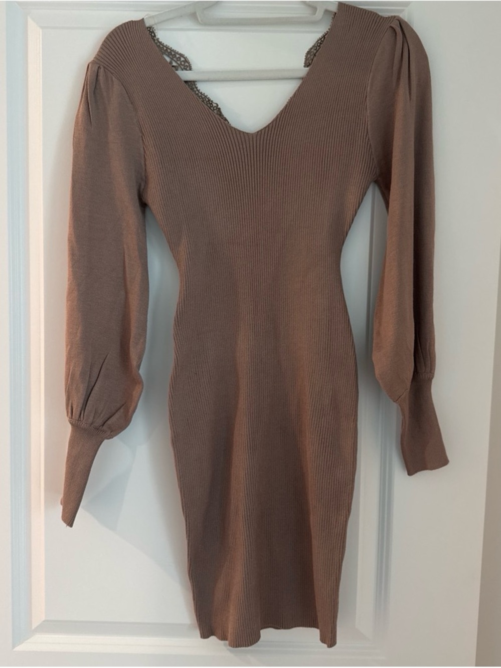 Main Strip Ribbed V-Neck Long Sleeve Midi Dress - Taupe